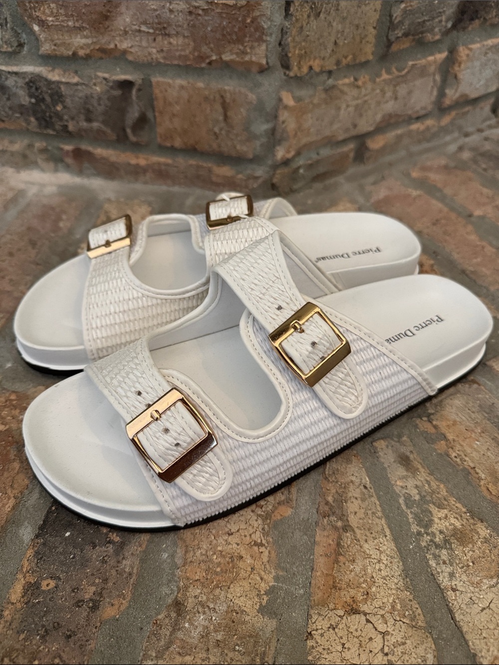 PIERRE DUMAS SONIA Women's White Slide Sandals with Gold Buckles - Size 11